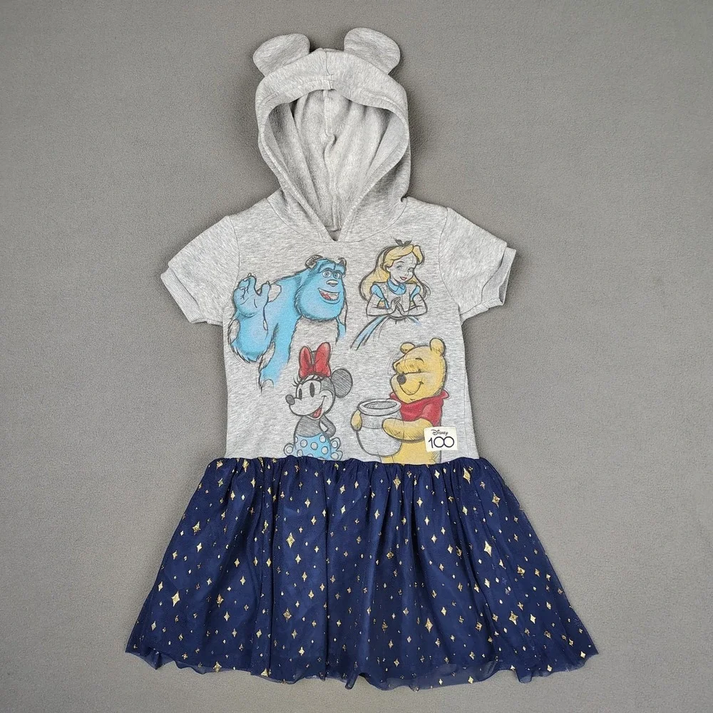 Disney 100 Years Hoodie Dress Girls 6 Blue Tulle Minnie Pooh Sulley Princess EC